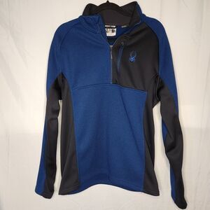 Spyder Active Mens Large 1/4 Zip Long Sleeve Knit Sweater Fleece Lining Blue